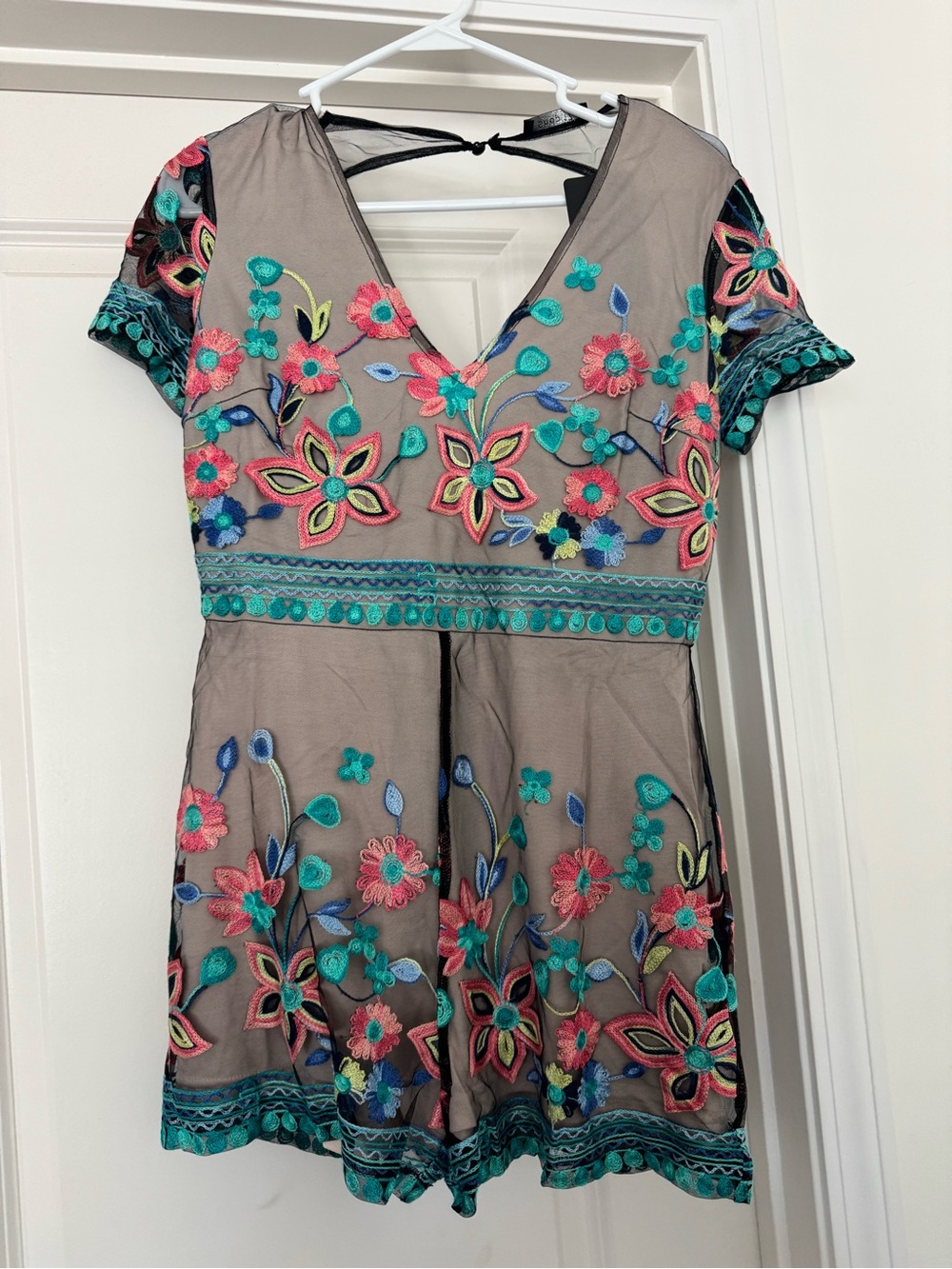 Embroidered Floral V-Neck Women’s Romper - Taupe with Teal & Pink